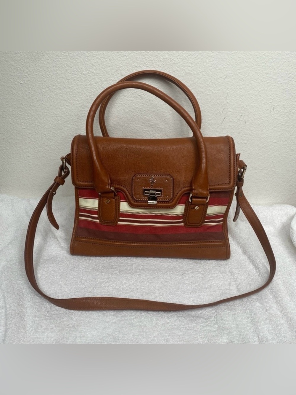 Cole Haan Womens Cognac Stripe Western Canvas Leather Flap Satchel Bag Southwest
